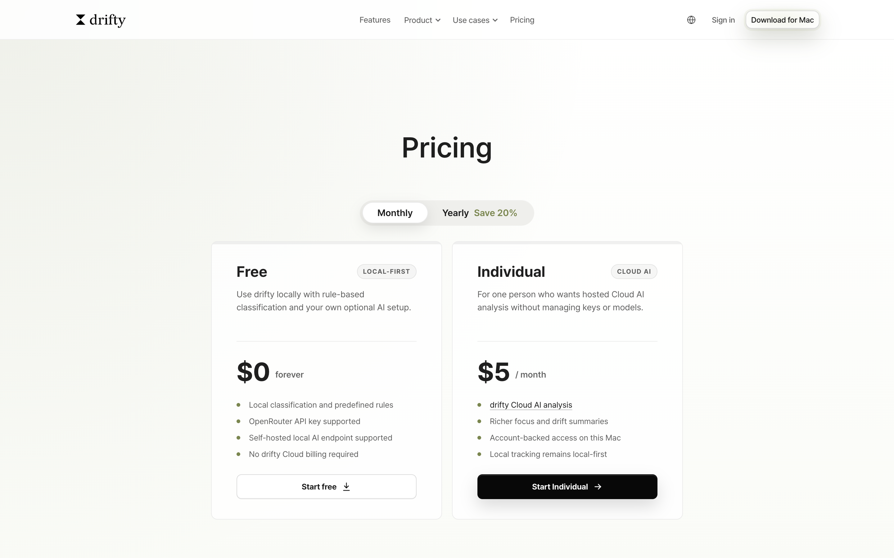 drifty pricing page showing Free and Individual plans