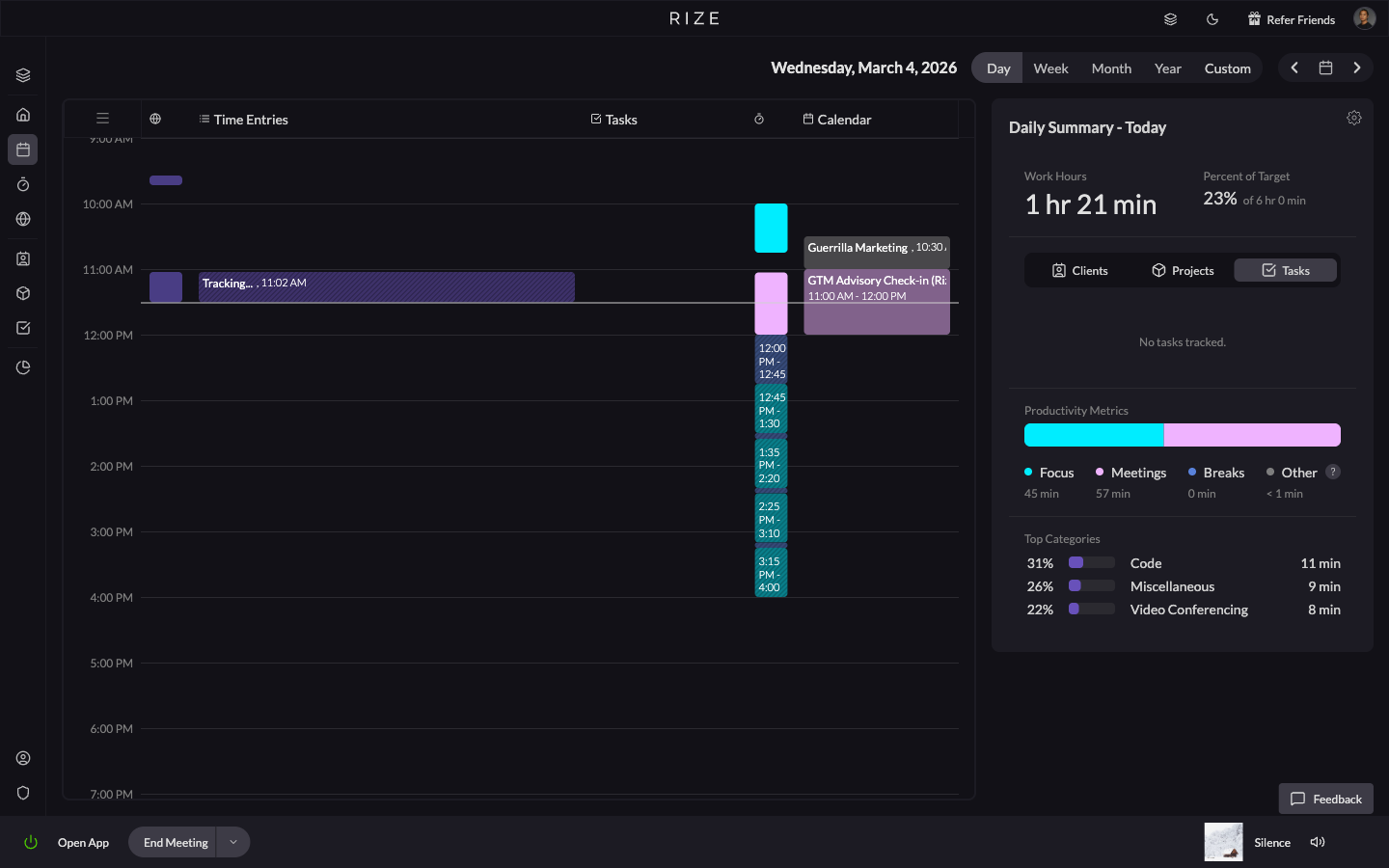 Rize product screenshot showing a dashboard timeline for automatic time tracking