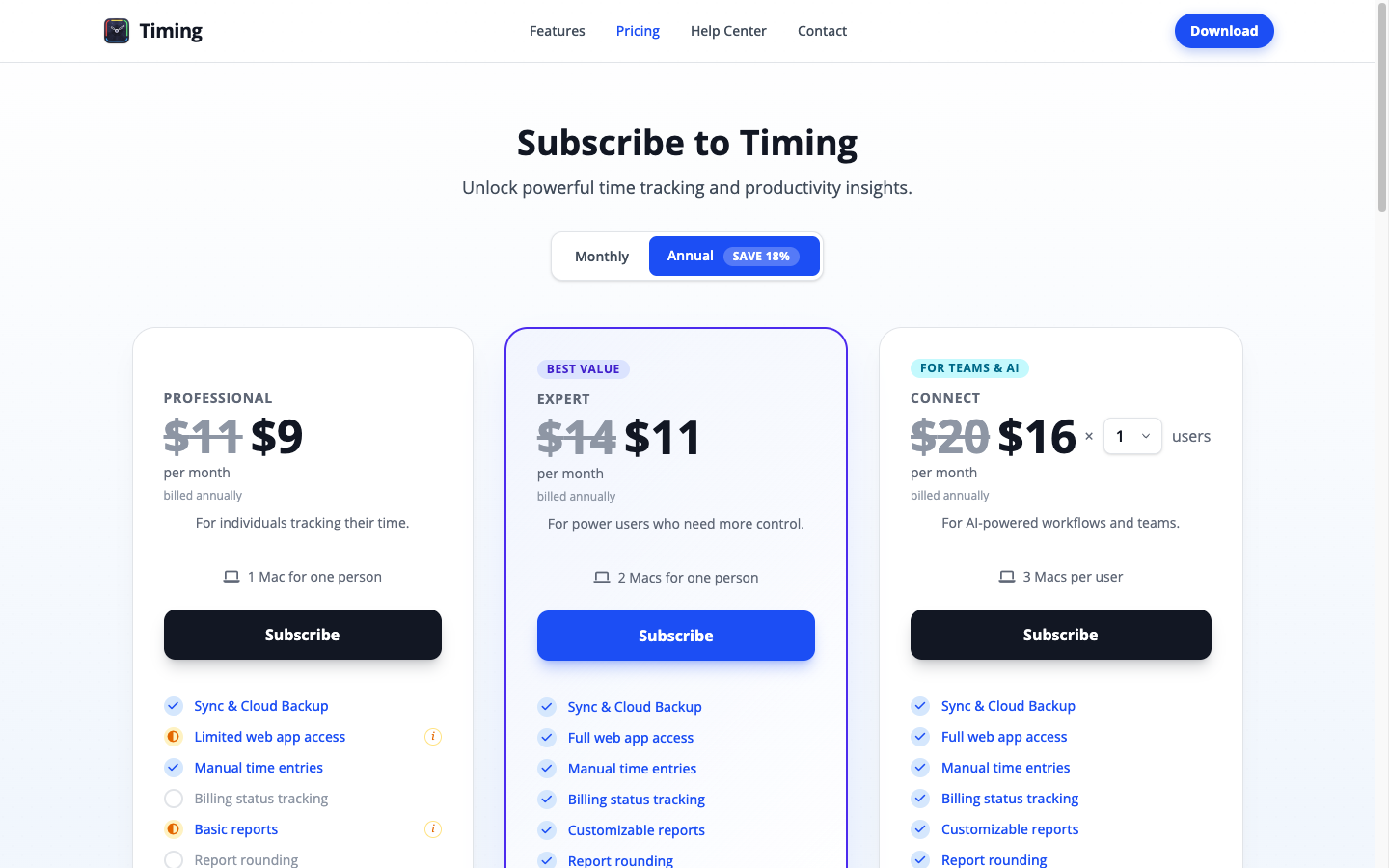 Timing pricing page showing Professional, Expert, and Connect plans for Mac time tracking