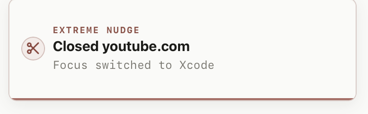 drifty Extreme Nudge notification showing youtube.com closed and focus switched to Xcode